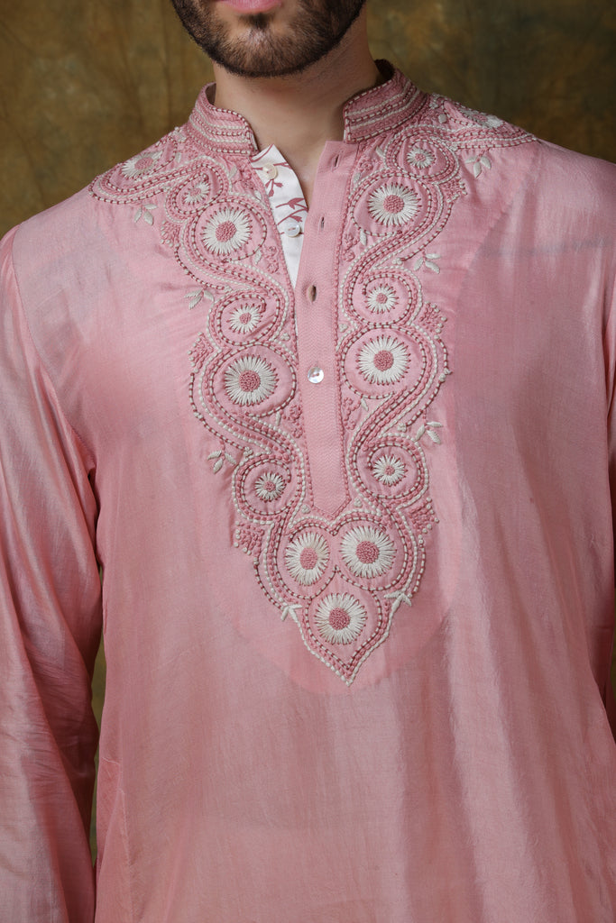 Pink silk men's kurta with embroidered with pants