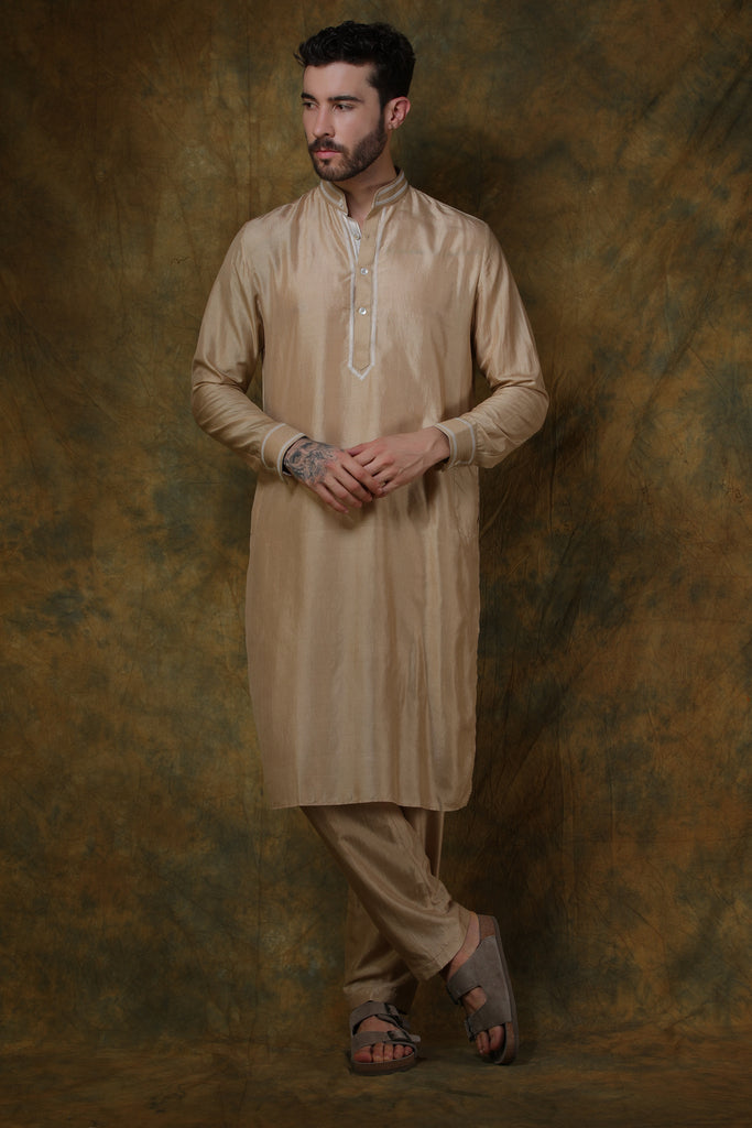 Beige silk men's kurta with embroidery and beige pants