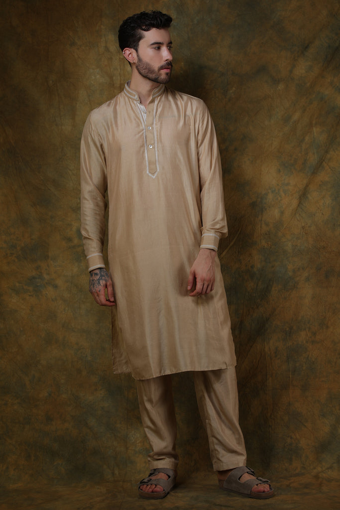 Beige silk men's kurta with embroidery and beige pants