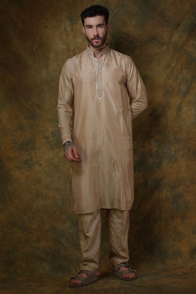 Beige silk men's kurta with embroidery and beige pants