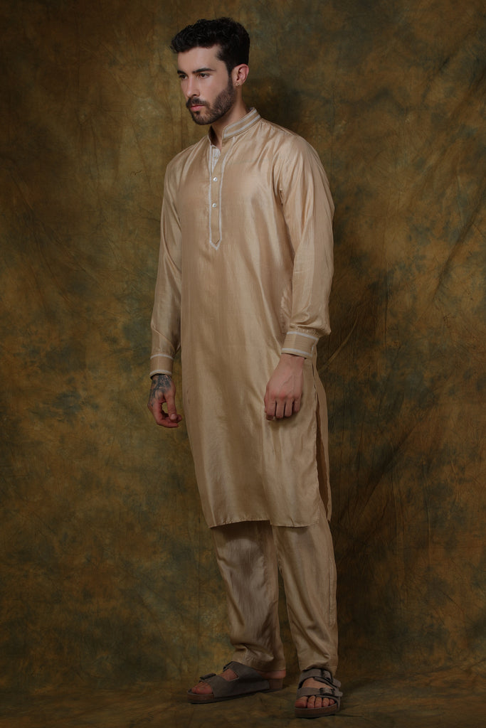 Beige silk men's kurta with embroidery and beige pants