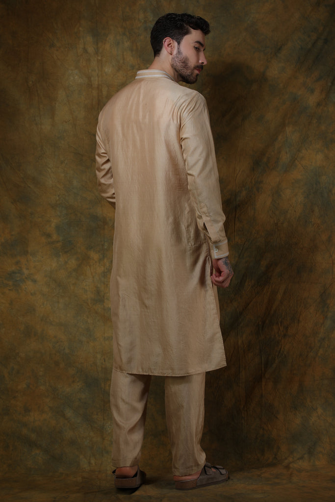 Beige silk men's kurta with embroidery and beige pants