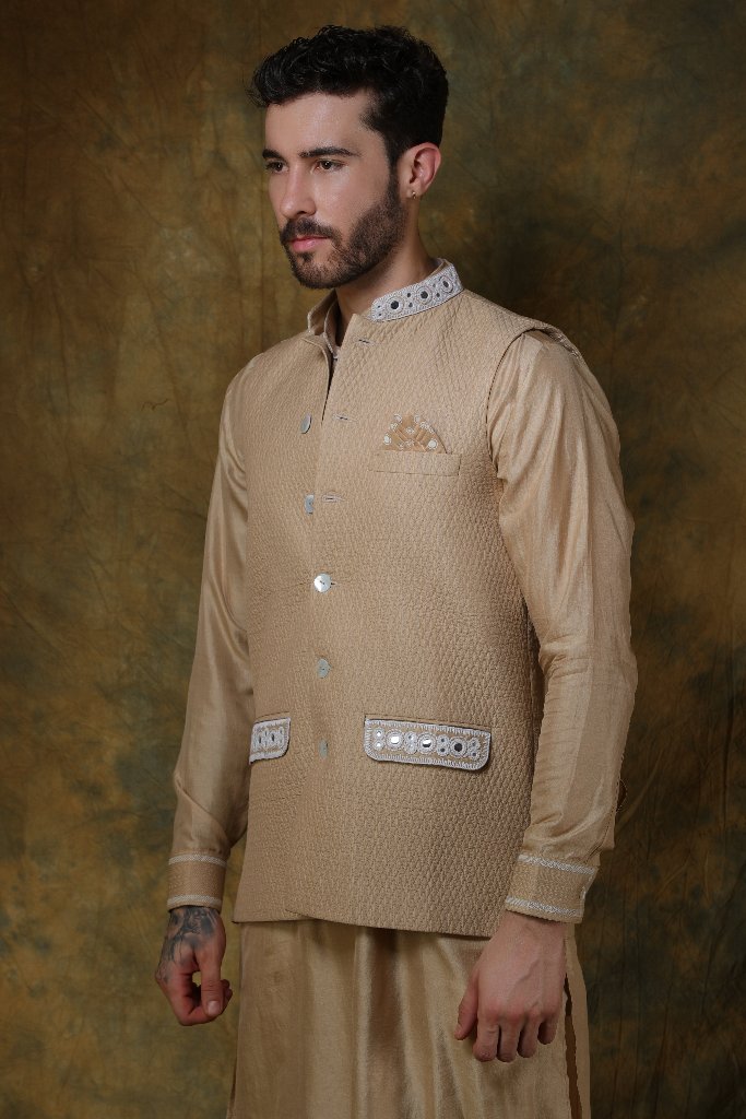 Beige silk men's quilted Bundi with mirror embroidery