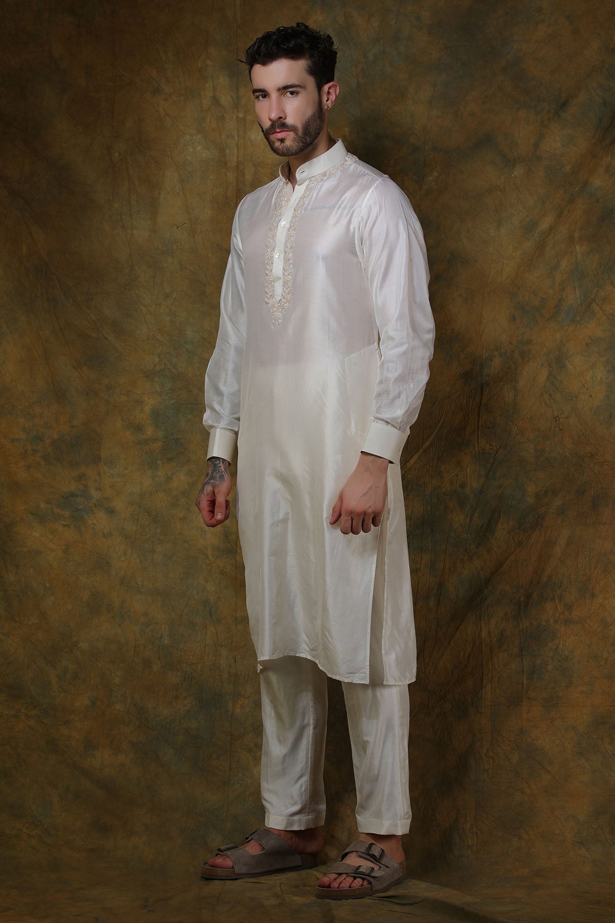 Bone Silk Chikankari Embroidered Kurta with Pants