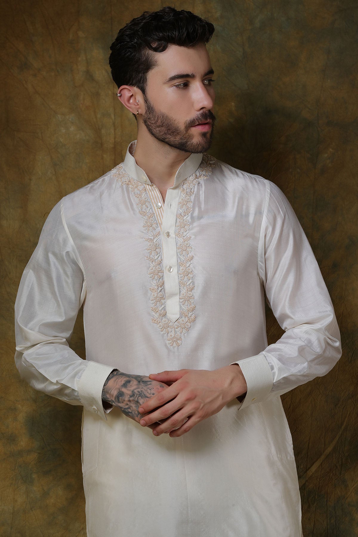 Bone Silk Chikankari Embroidered Kurta with Pants