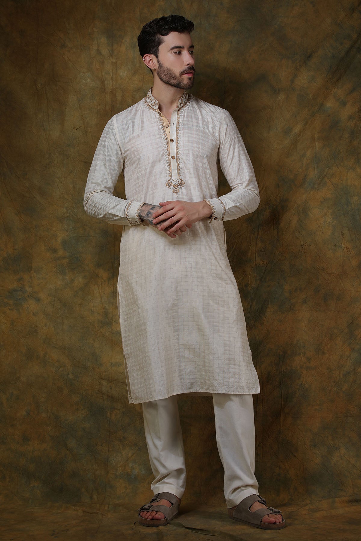 Bone Silk Check Printed Kurta