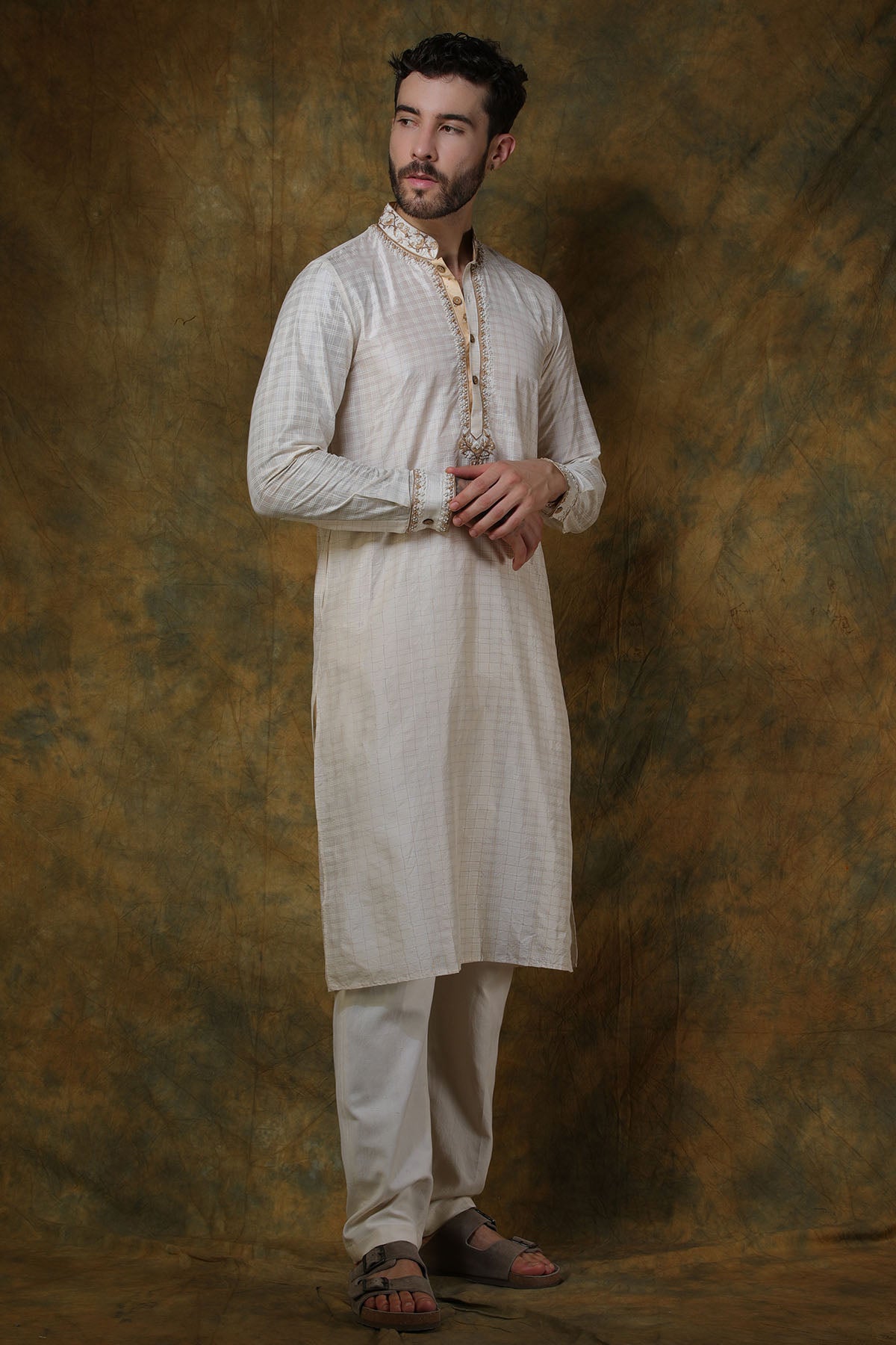 Bone Silk Check Printed Kurta