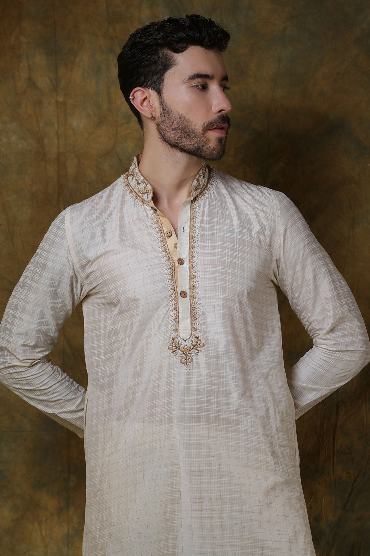 Bone Silk Check Printed Kurta