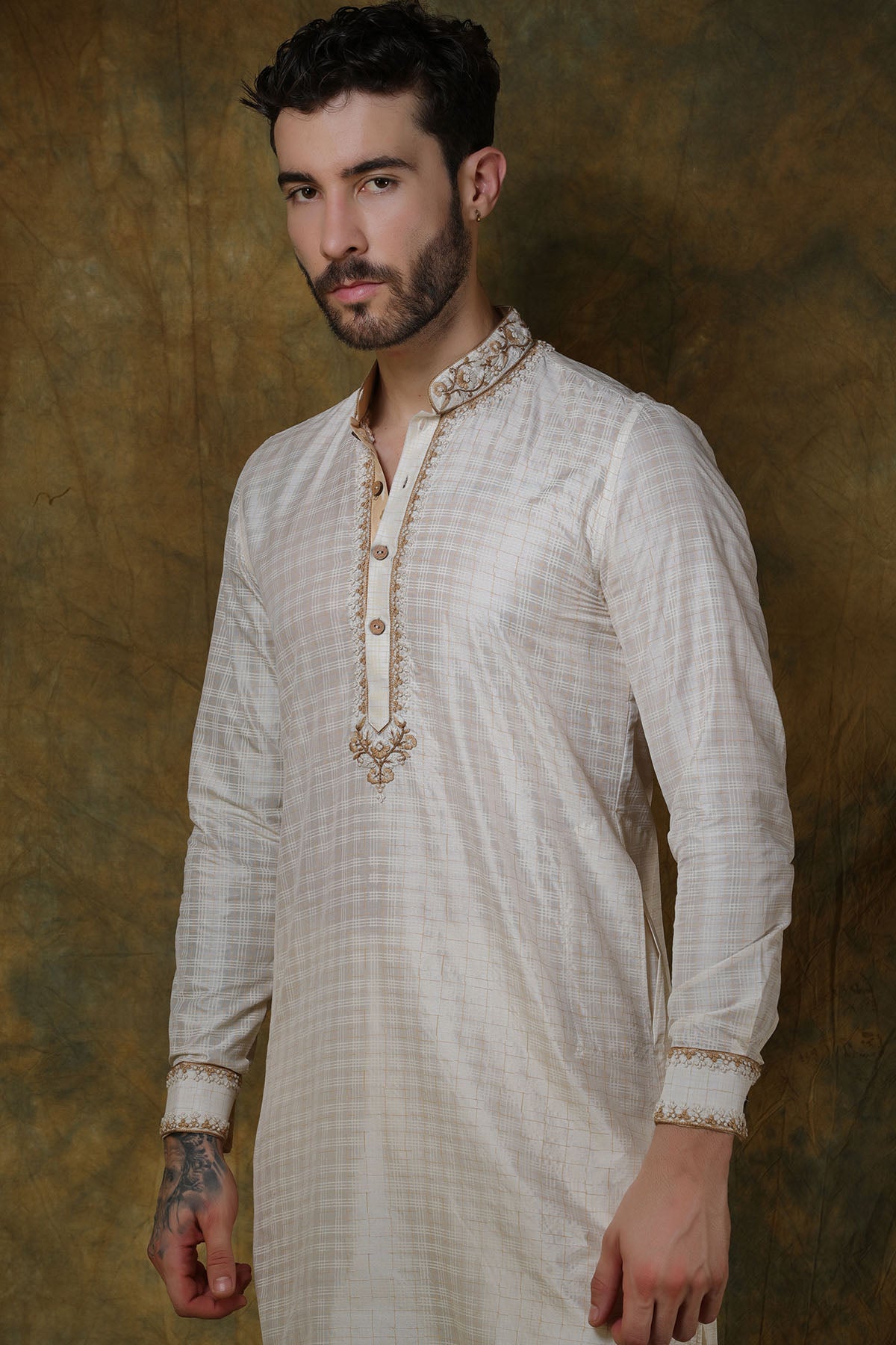 Bone Silk Check Printed Kurta