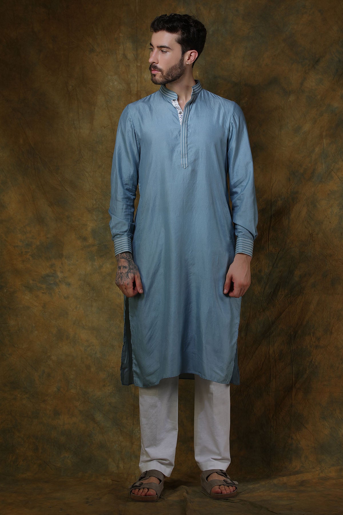 Greyish Blue Silk Kurta