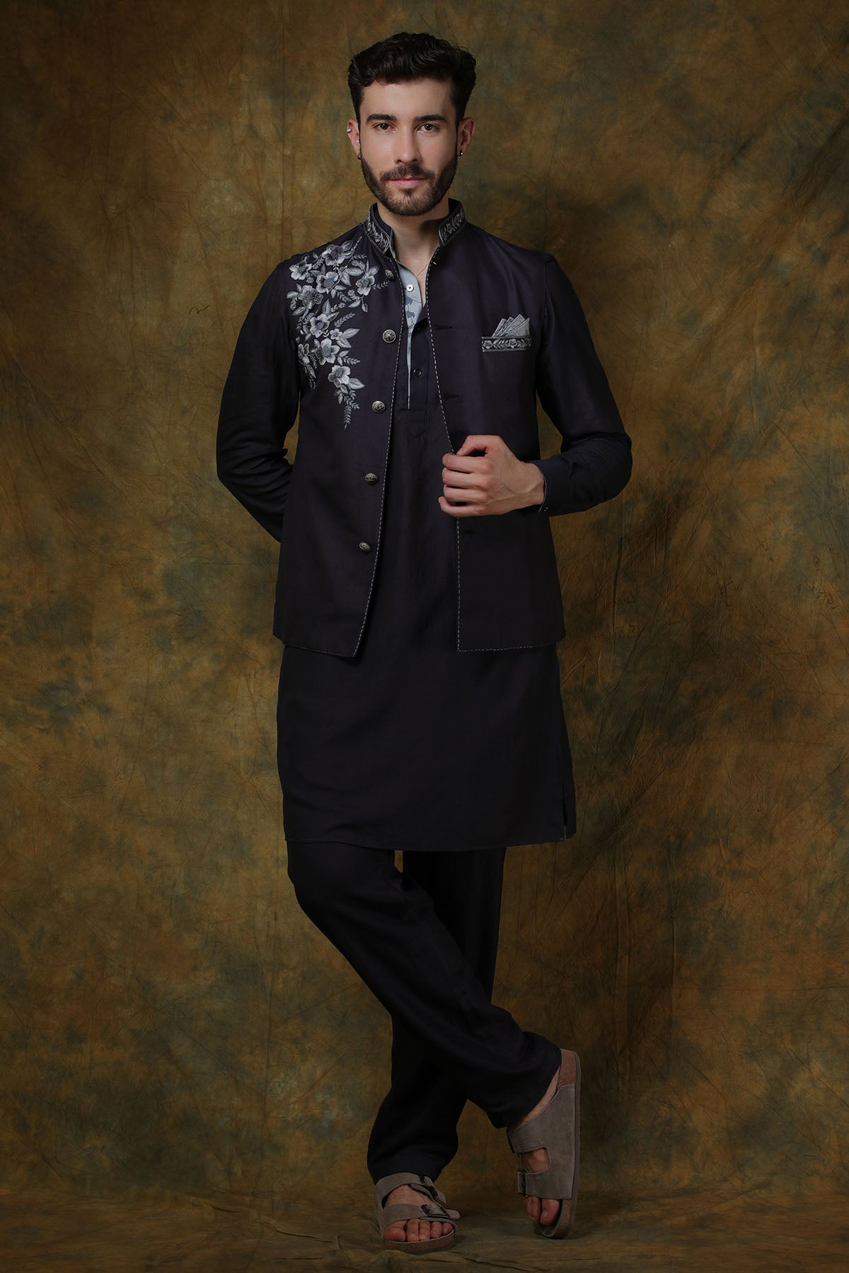 Charcoal Silk Bundi with Placement Floral Embroidery