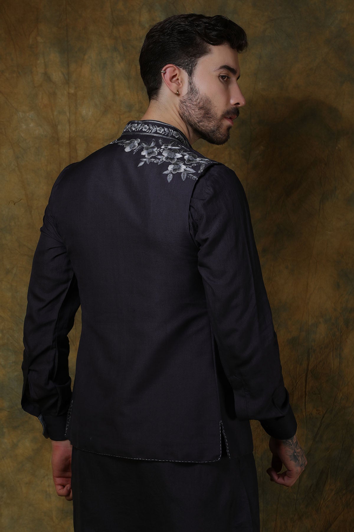 Charcoal Silk Bundi with Placement Floral Embroidery