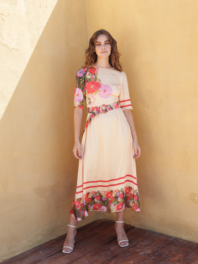 Beige with floral and stripe midi dress.