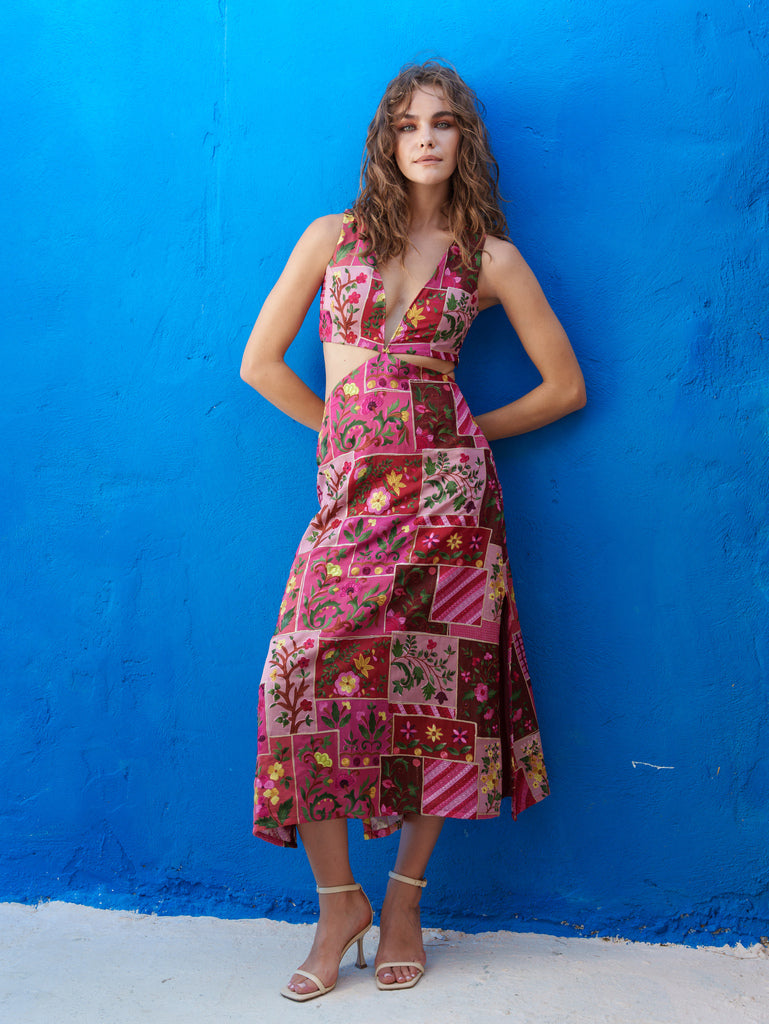 Red splices midi dress.