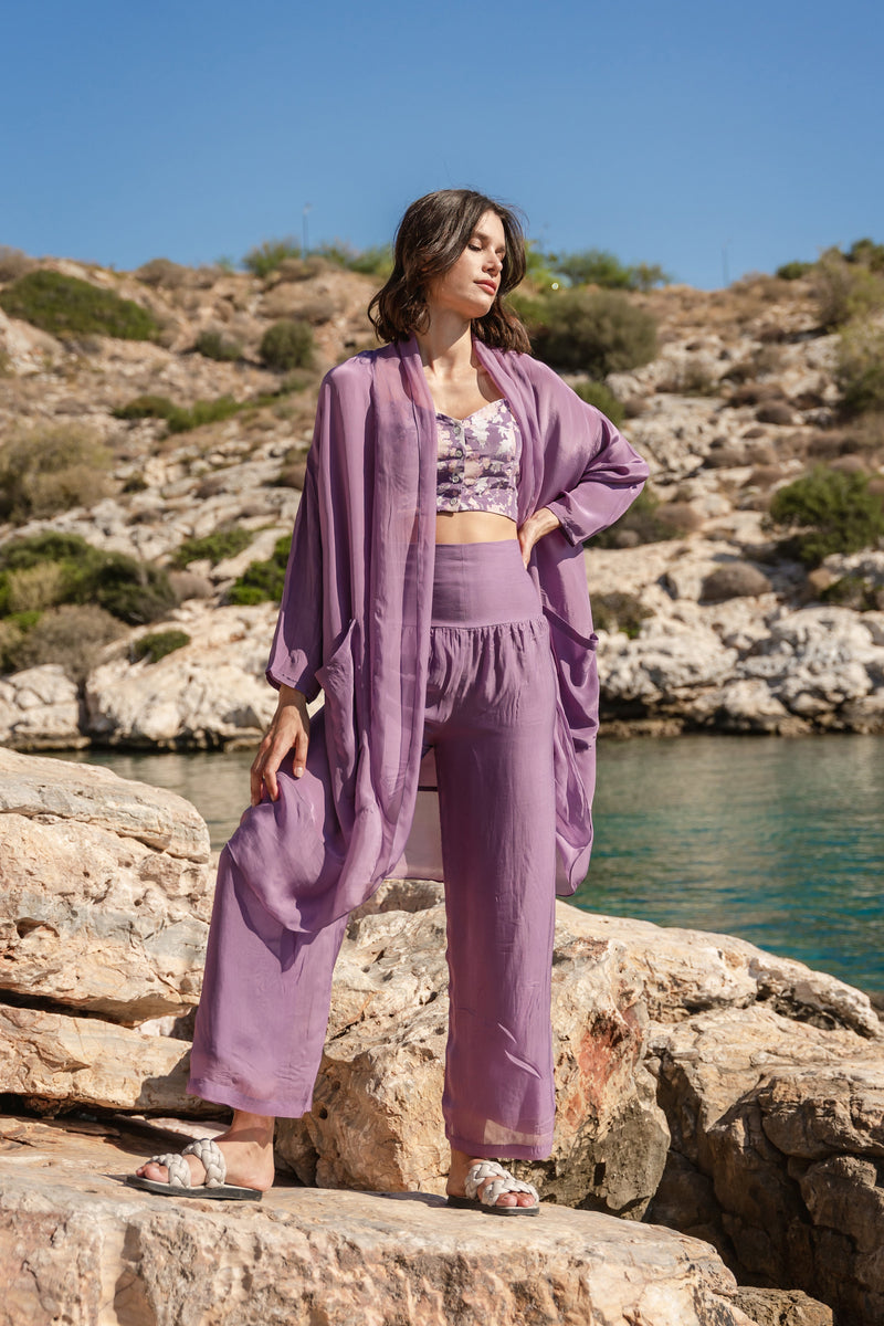 Kamiya Jani in our Purple throw with printed bustier and pants