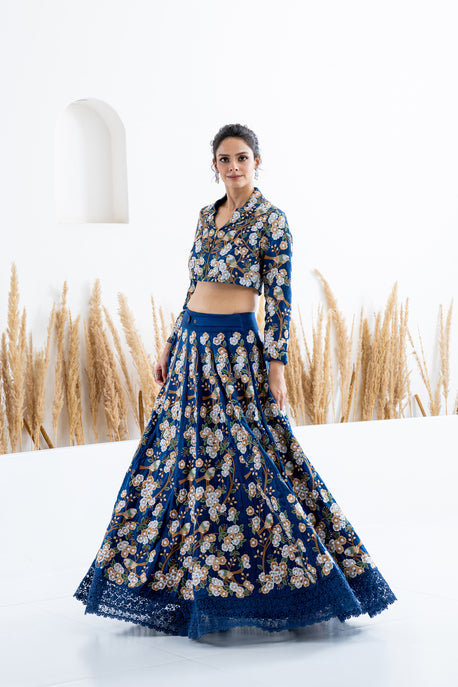 Blue habotai silk floral and bird embroidered kalidar shirt with embroidered crop top