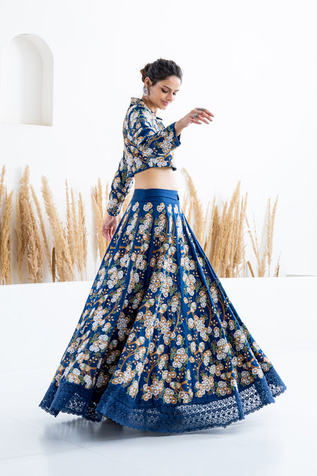 Blue habotai silk floral and bird embroidered kalidar shirt with embroidered crop top