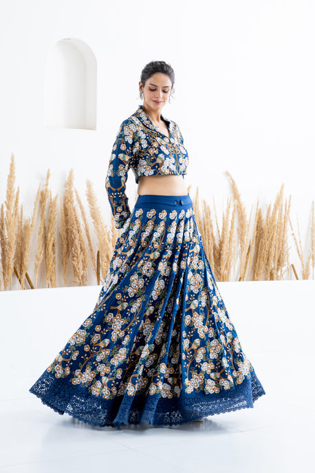 Blue habotai silk floral and bird embroidered kalidar shirt with embroidered crop top