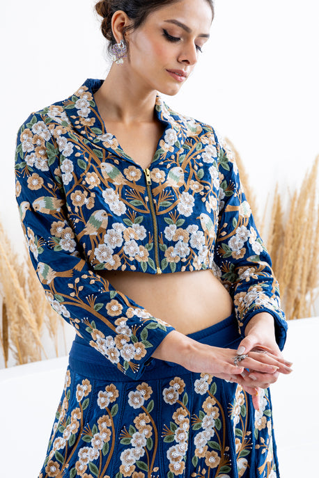 Blue habotai silk floral and bird embroidered kalidar shirt with embroidered crop top