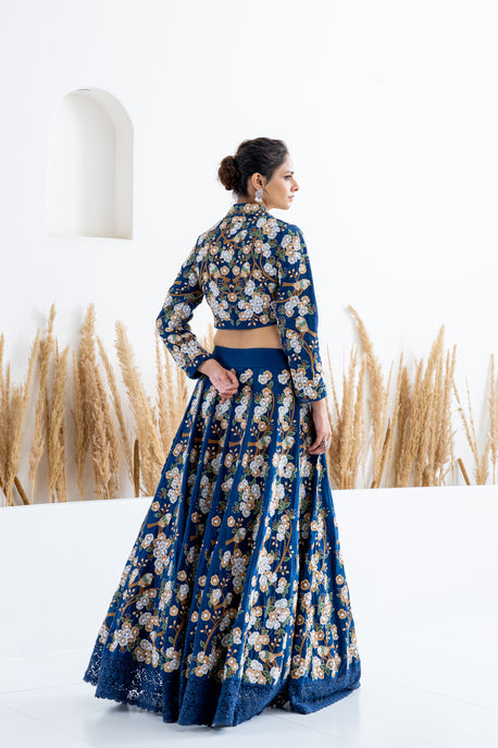 Blue habotai silk floral and bird embroidered kalidar shirt with embroidered crop top