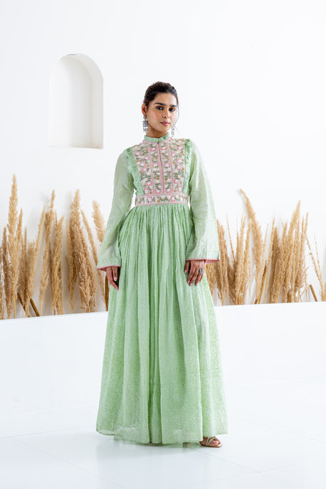 Mint green printed and floral embroidered maxi