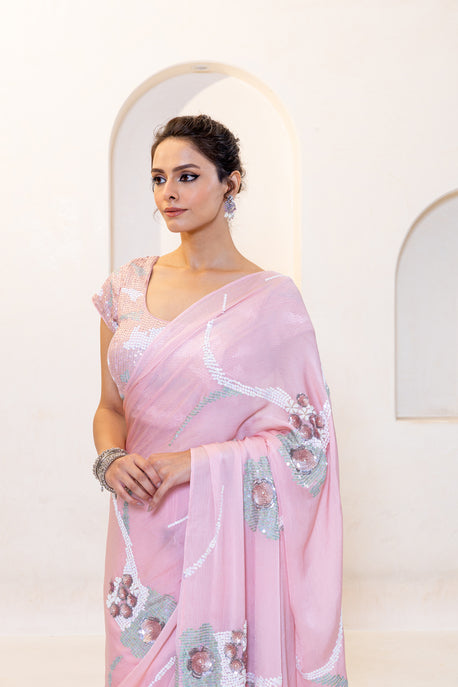 Pink chiffon sequence saree with embroidered blouse