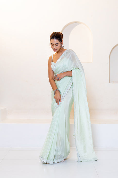 Mint green mirror work saree embroidered back tie up blouse