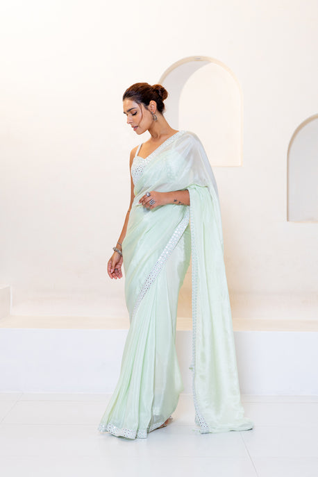 Mint green mirror work saree embroidered back tie up blouse