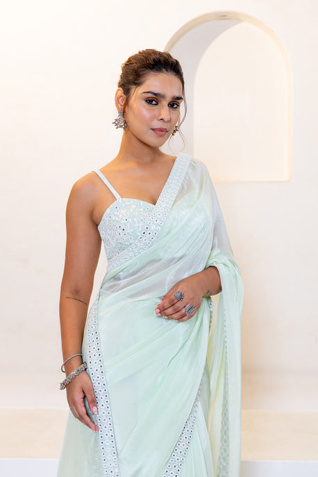 Mint green mirror work saree embroidered back tie up blouse