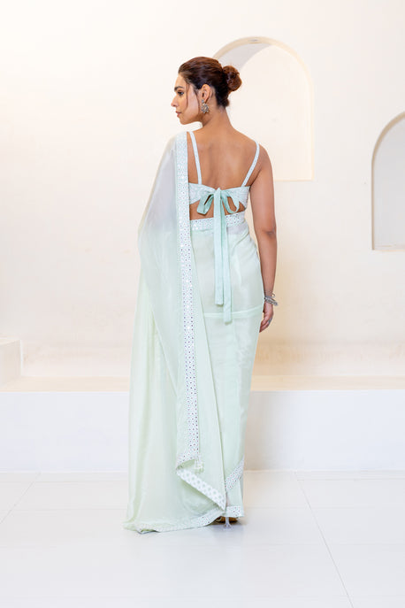 Mint green mirror work saree embroidered back tie up blouse