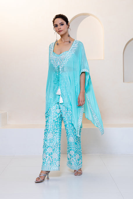 Aqua habotai silk embroidered kaftan with embroidered bustier and pants