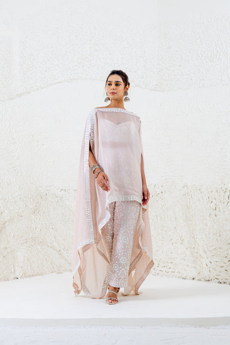 Nude 3 way embroidered kaftan with bustier and pants