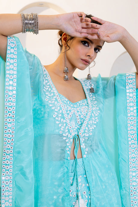 Aqua habotai silk embroidered kaftan with embroidered bustier and pants