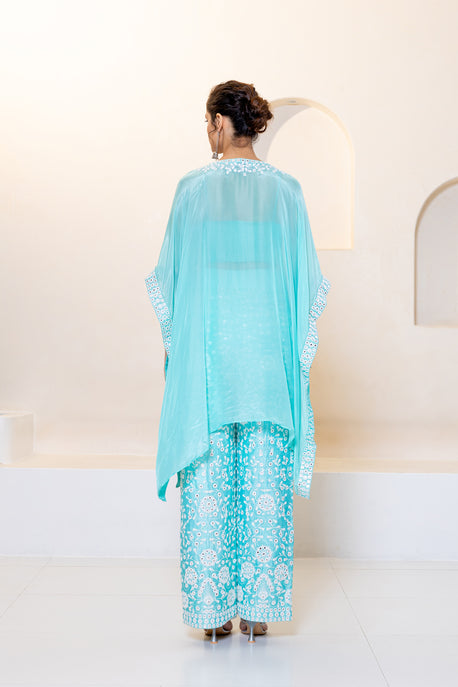 Aqua habotai silk embroidered kaftan with embroidered bustier and pants