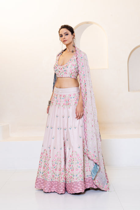 Nude pink floral and crystal embroidered ghagra