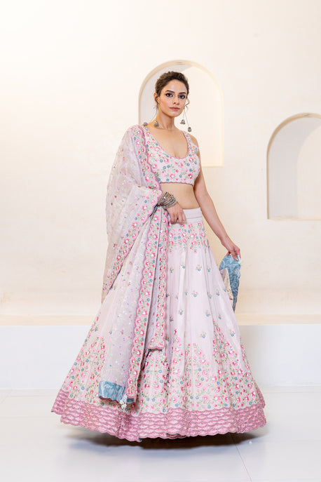 Nude pink floral and crystal embroidered ghagra