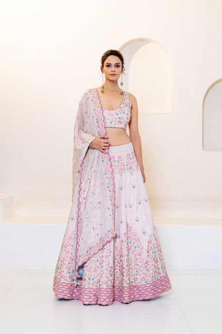 Nude pink floral and crystal embroidered ghagra