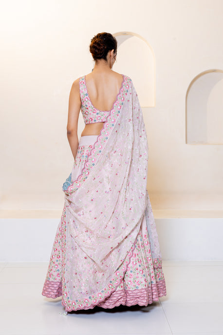 Nude pink floral and crystal embroidered ghagra