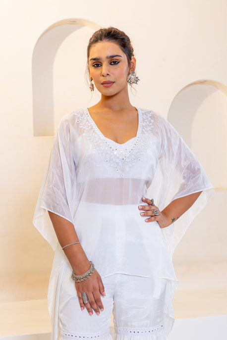 White embroidered kaftan with bustier and white sharara