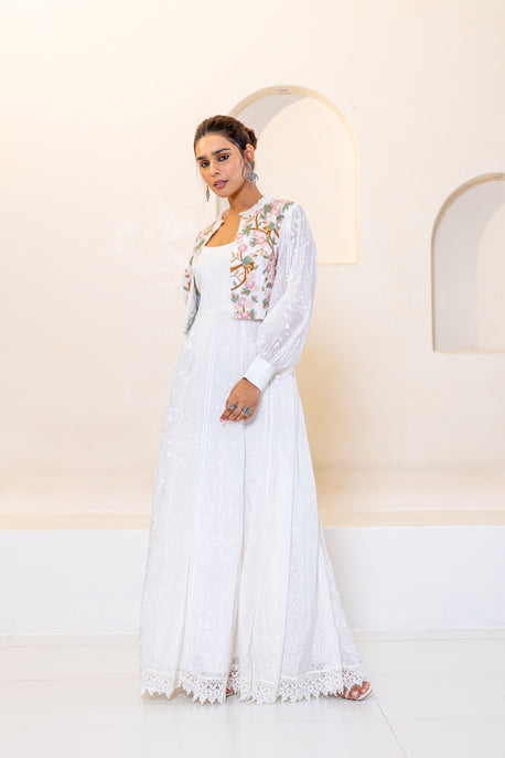 White printed kalidar maxi with embroidered crop jacket