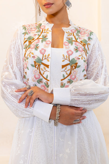 White printed kalidar maxi with embroidered crop jacket