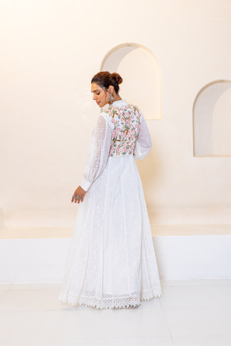 White printed kalidar maxi with embroidered crop jacket