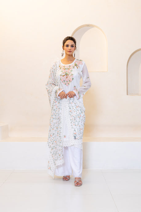 White habotai silk embroidered kurta with pants and printed dupatta