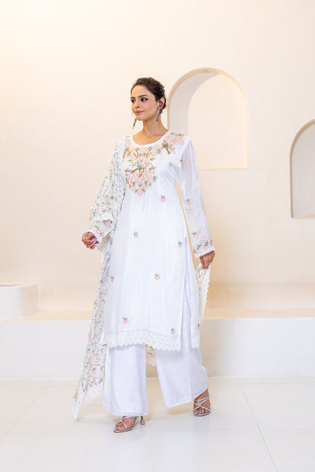 White habotai silk embroidered kurta with pants and printed dupatta