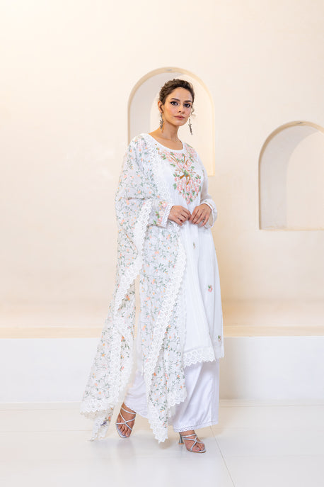 White habotai silk embroidered kurta with pants and printed dupatta