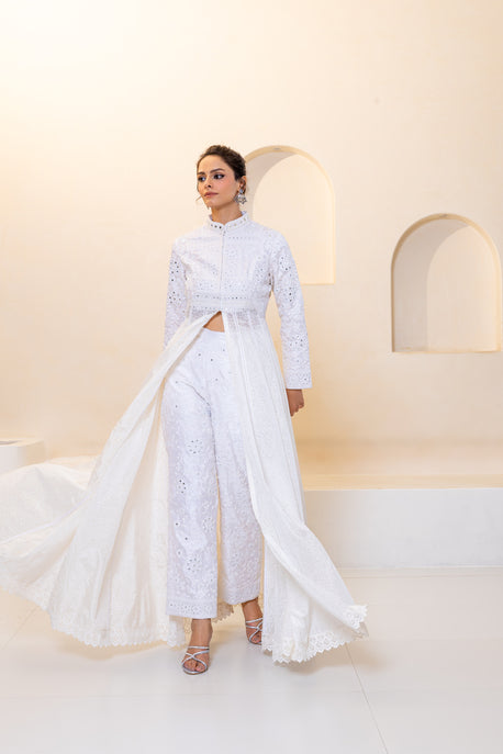 White embroidered choga with embroidered bodice and pants