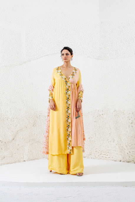 Yellow and peach angarakha with palazzo and printed chiffon dupatta