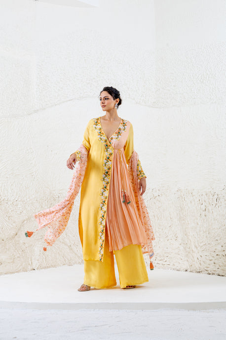 Yellow and peach angarakha with palazzo and printed chiffon dupatta