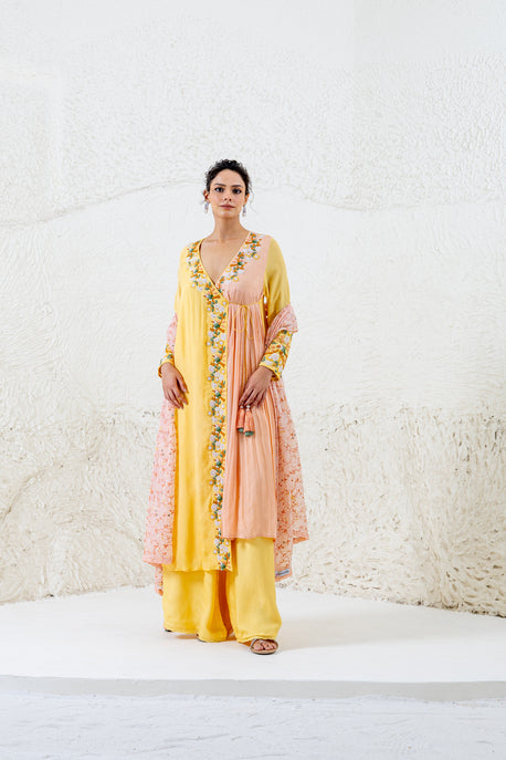 Yellow and peach angarakha with palazzo and printed chiffon dupatta