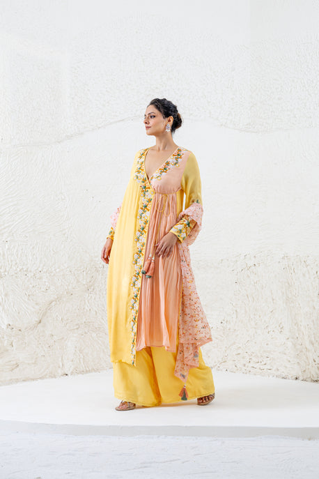 Yellow and peach angarakha with palazzo and printed chiffon dupatta